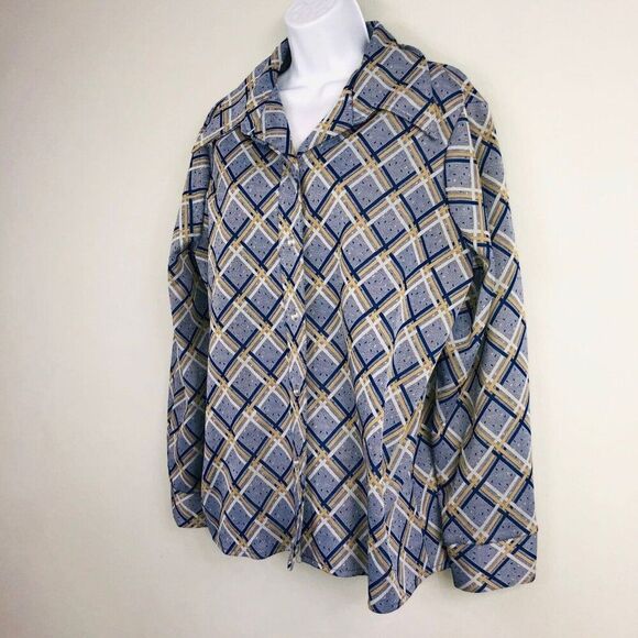 Vintage 70s Shirt Top Womens L Blue Yellow Check Double Knit Polyester - Picture 3 of 5